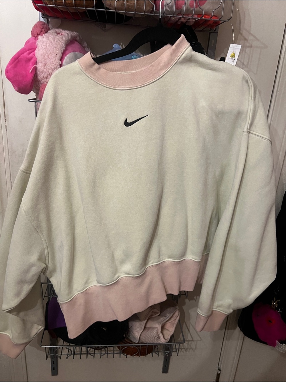Nike Cream and Pale Pink Ribbed-Collar Sweatshirt with Black Swoosh